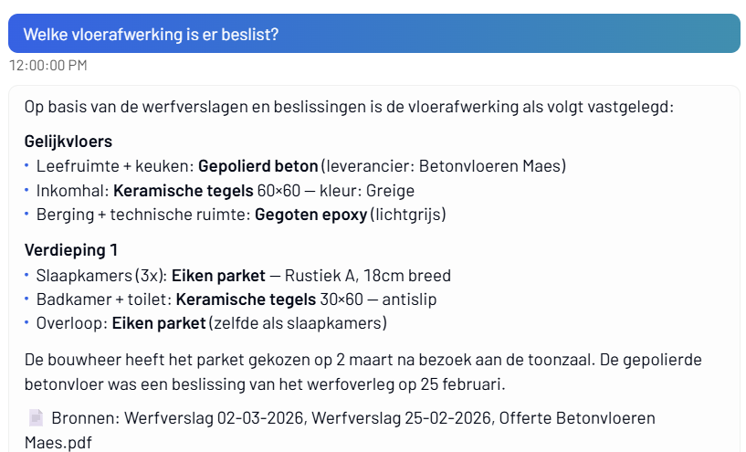 SiteWhiz chatbot in lichte modus met antwoord en bronvermelding